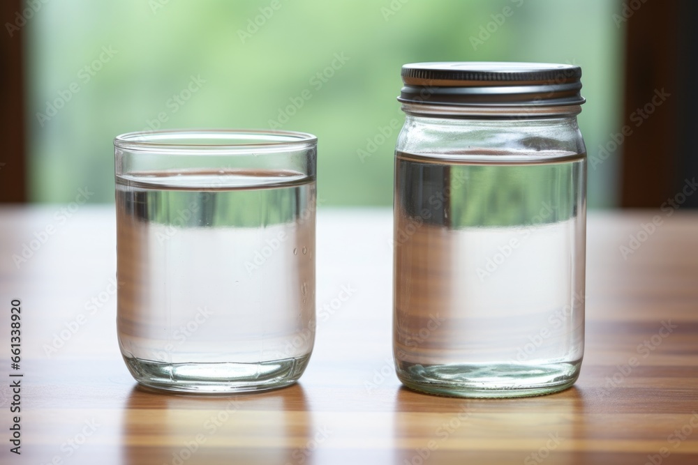 glass jar of water next to a similar jar with evaporated water glass jar of water next to a similar jar with evaporated water