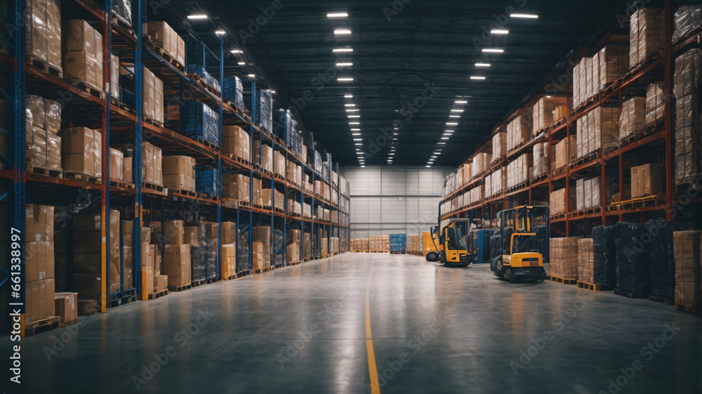 Warehouse interior with rows of shelves and pallets. Industrial background Warehouse interior with rows of shelves and pallets. Industrial background
