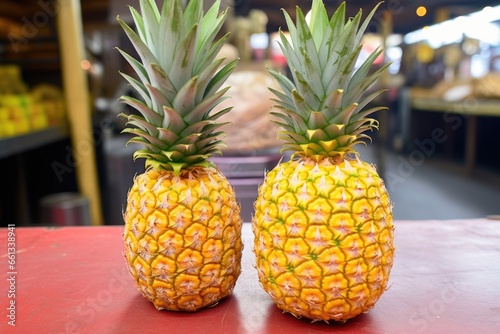 a small pineapple near a larger pineapple on a market stall