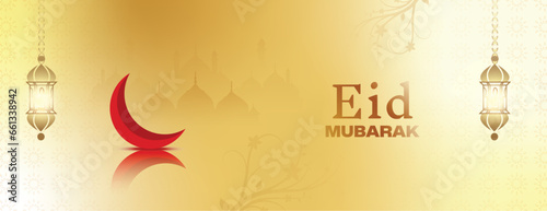 Islamic Eid Mubarak wishing invitation banner or poster design with glowing lamps and moon vector file