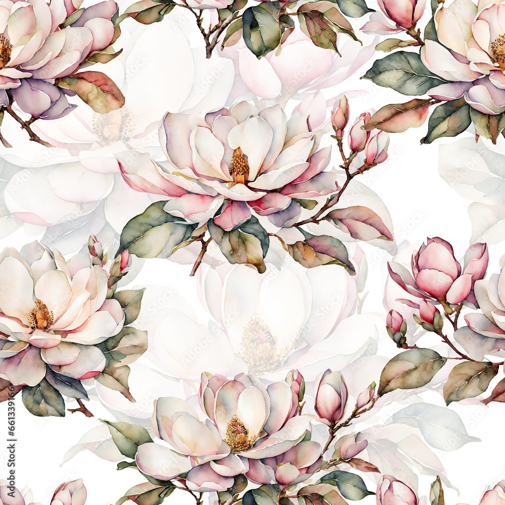 Seamless pattern with watercolor magnolia flowers on white background. Great for textile, fabric, packaging, wrapping paper.