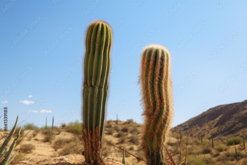 two cacti, one significantly taller than the other two cacti, one significantly taller than the other