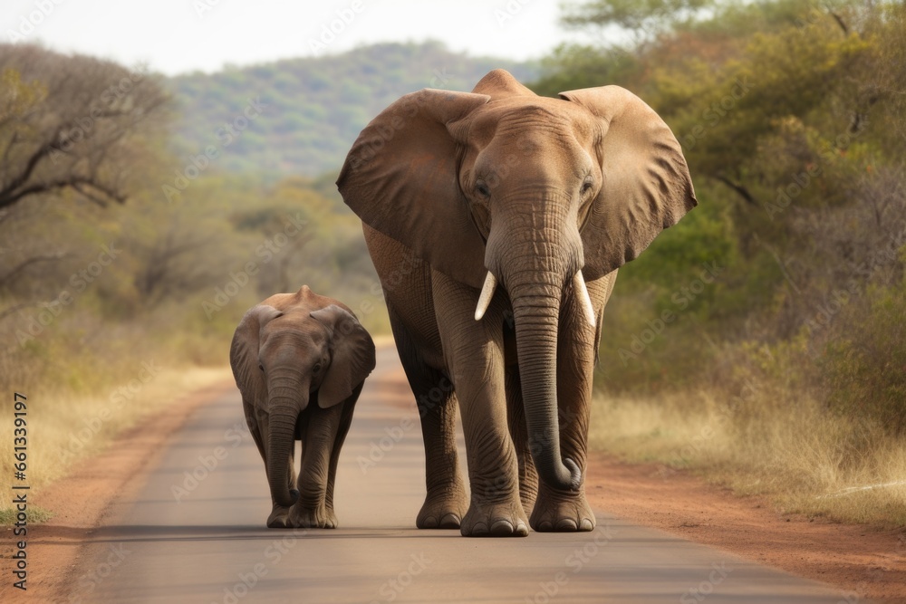 Fototapeta premium a larger elephant leading a smaller one with its trunk