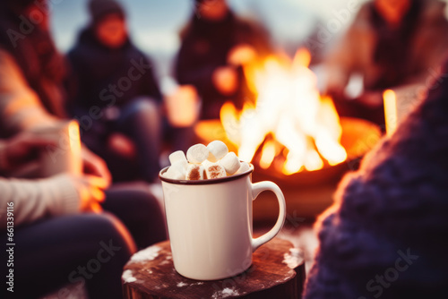 Cozy mug with marshmallows by a campfire with friends.