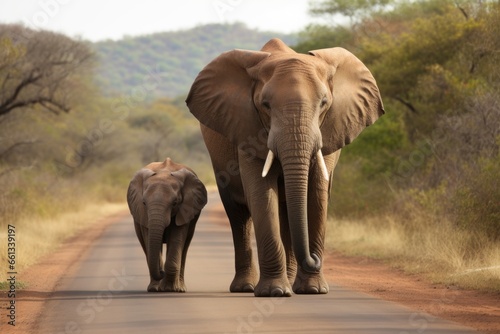 a larger elephant leading a smaller one with its trunk