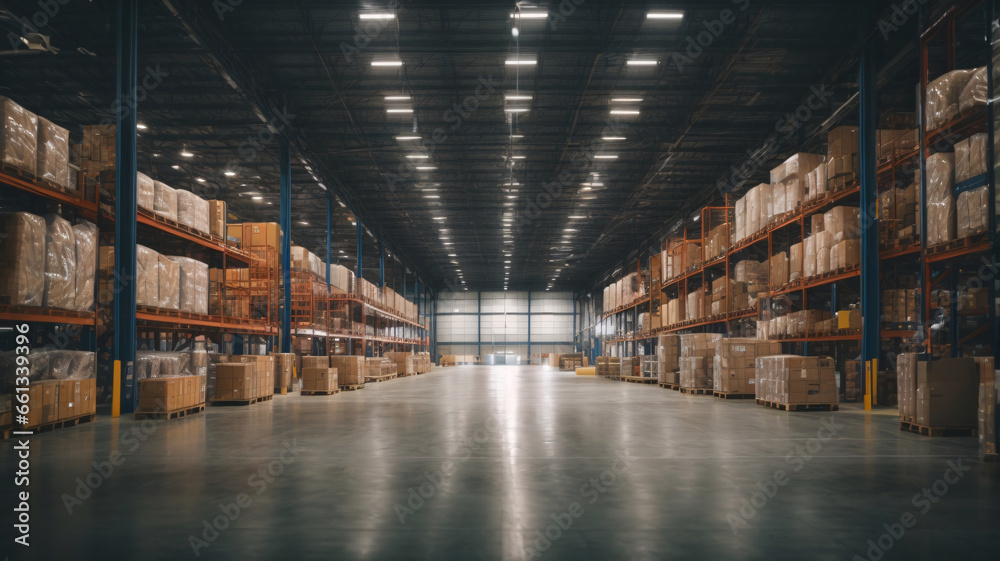 Warehouse interior with rows of shelves and pallets. Industrial background - obrazy, fototapety, plakaty 