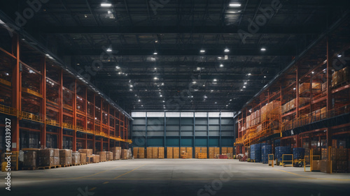 Warehouse interior with rows of shelves and pallets. Industrial background
