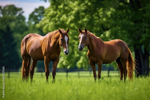 pair of horses grazing side by side