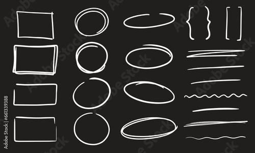 Set of hand drawn elements for selecting text. Set of rectangles, ovals, ellipses. Text field and frames. Select the frames of the circle in doodle style. Highlighting text, text selection.