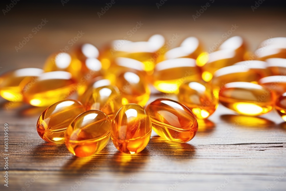 fish oil capsules spread on a plain surface fish oil capsules spread on a plain surface