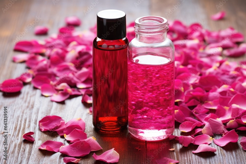 rosewater in a spray bottle next to rose petals rosewater in a spray bottle next to rose petals
