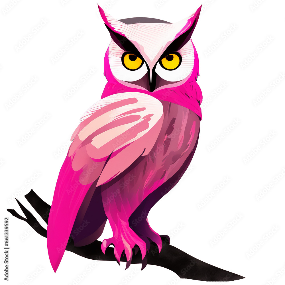 A large owl with large, intelligent amber eyes. Fur in shades of pink .