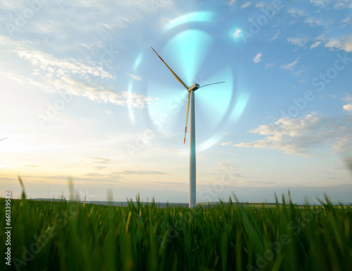 Digital graphic work on green energy power Production. Windmill and graphic diagram of air currents that produce green energy. Green energy power production it is future.Renewable energy design.