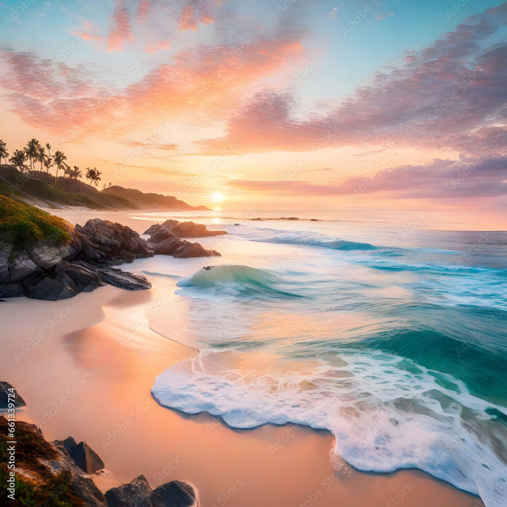 Obraz premium the serenity and tranquility of a secluded beach at sunrise