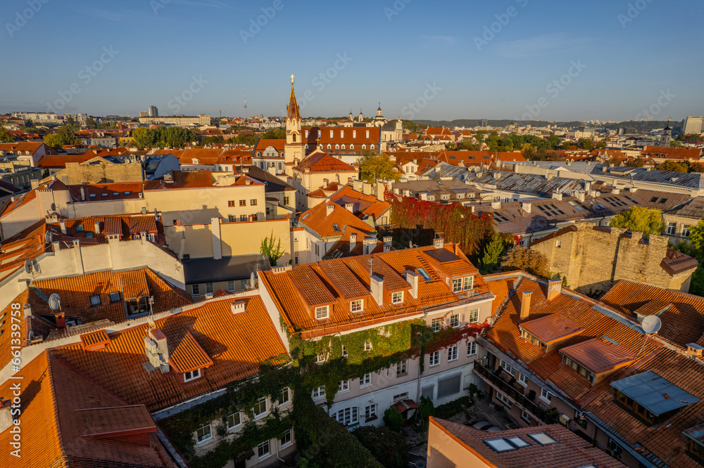 Aerial sunny autumn fall view of Vilnius old town, Vilnius Cathedral, Lithuania