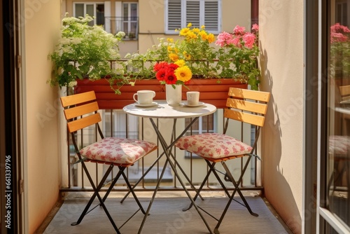 small balcony with a folding table and two chairs