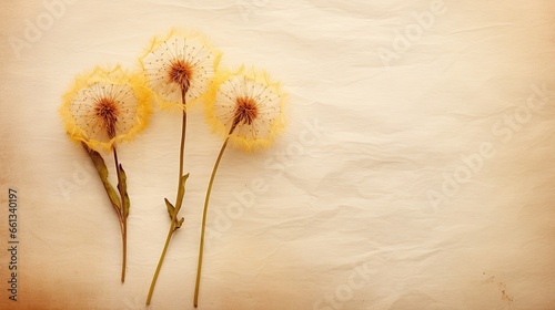 Photography of dandelions on a piece of old parchment paper, evoking a sense of history and nature. Top view, flat lay.