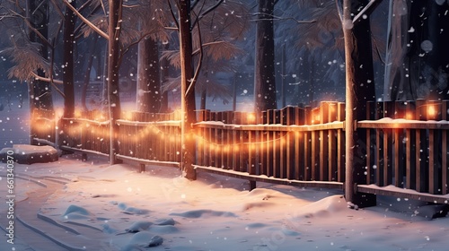 Snowy wooden fence with lights