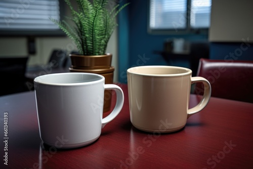 two coffee mugs on a break room table