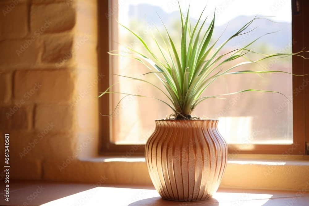 a potted yucca plant in front of a sunlit window