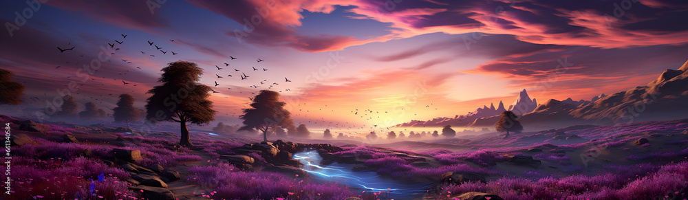 Natural Landscape With Purple Plants At Sunset. Illustration On The Theme Of Ecology And Climate, Nature And Territories. Generative AI