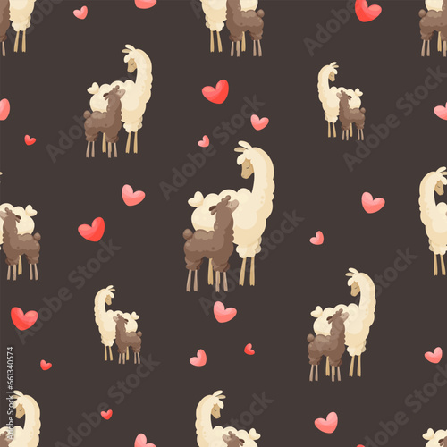 Seamless pattern with cute mother llama and baby on dark background with hearts. Mother alpaca with baby alpaca. Creative kids, childish background. For textile, fabric, clothing, wrapping paper.