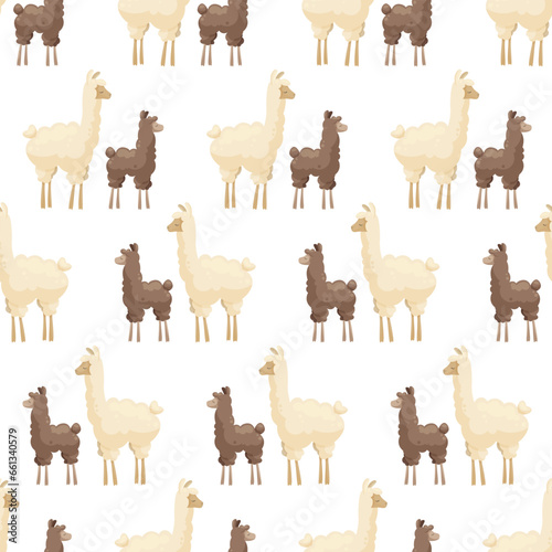 Seamless pattern with cute mother llama and baby on white background. Mother alpaca with baby alpaca. Creative kids, childish background. For textile, fabric, clothing, wrapping paper.