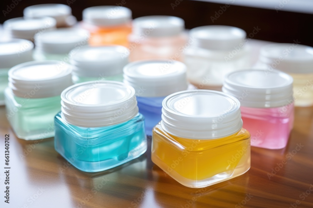 containers of gel moisturizers opened on a table containers of gel moisturizers opened on a table
