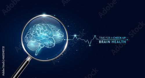 Brain in magnifying glass with scan search. Health care medical check up too innovative futuristic digital technology. Body health checkup examining organ and blue glowing neon heart pulse. Vector.