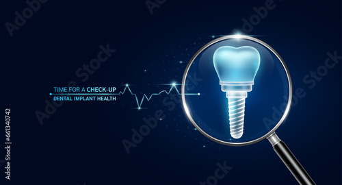 Dental implant in magnifying glass with scan search and blue glowing neon heart pulse. Health care and medical check up too innovative digital technology. Body health checkup examining organ. Vector.