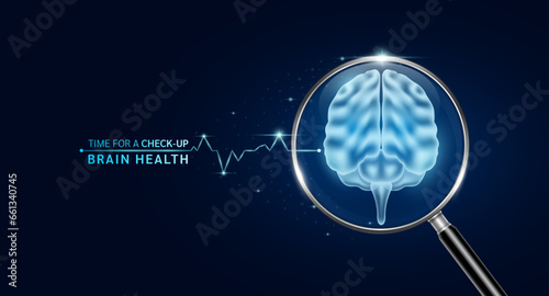 Brain inside magnifying glass with scan search and blue glowing neon heart pulse. Health care and medical check up too innovative digital technology. Body health checkup examining organ. Vector.