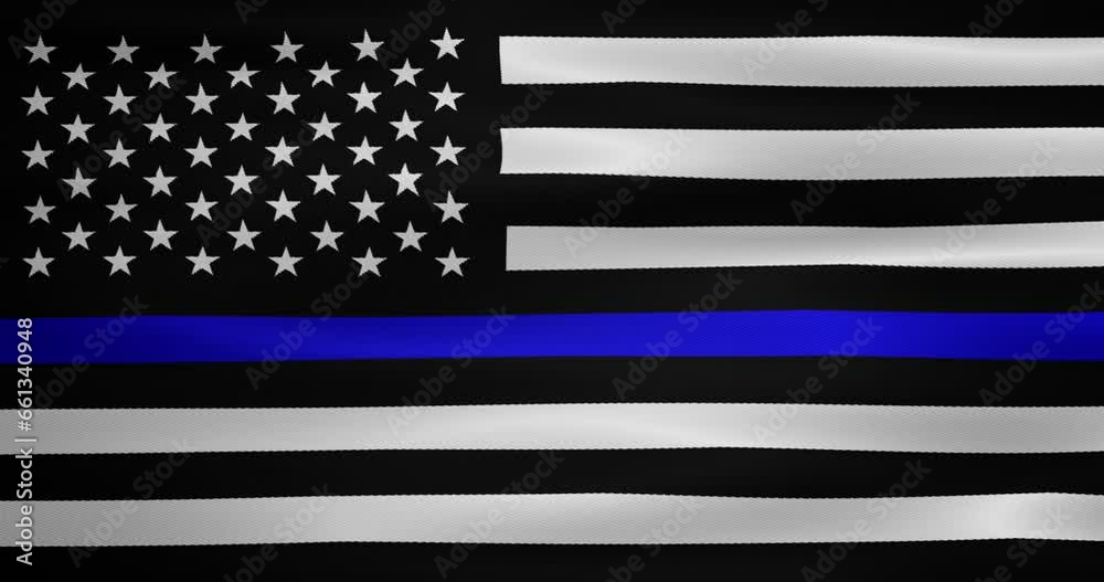 Animated thin blue line waving American flag. Police department, cops.4k Animation video, motion graphics.