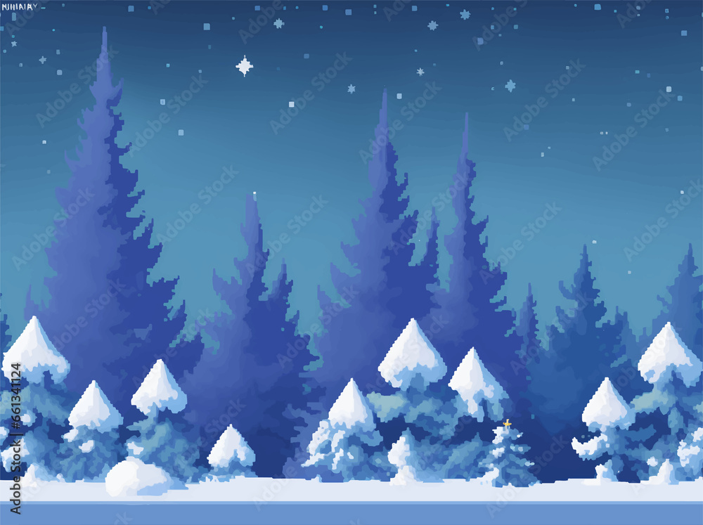 Winter landscape with snow and trees, winter snowy forest 8Bit pixel art, winter landscape vector illustration