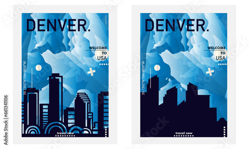 USA Denver city poster pack with abstract shapes of skyline, cityscape, landmarks and attractions. US Colorado state travel vector illustration set for brochure, website, page, business presentation