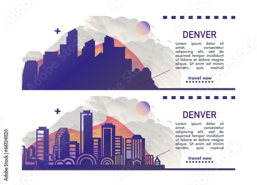 USA Denver city banner pack with abstract shapes of skyline, cityscape, landmarks and attractions. US Colorado state travel vector illustration set for brochure, website, page, header, presentation