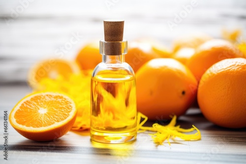 single focus on a bottle of vitamin c serum surrounded by citrus peelings