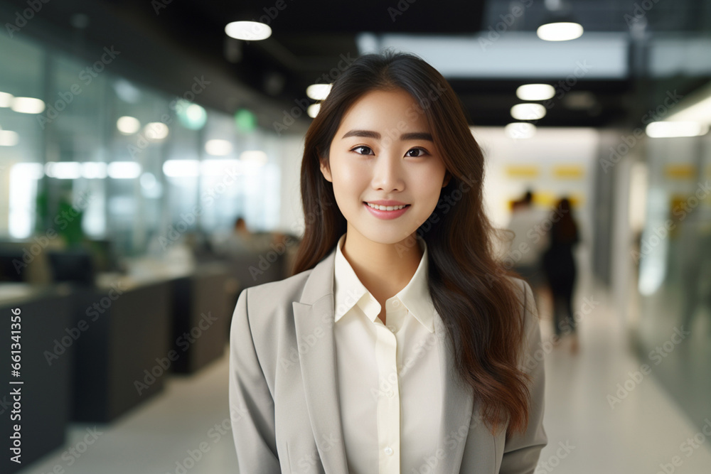 confident young businesswoman, adorned in an elegant suit, graces a contemporary office space with her radiant smile. Generative AI.