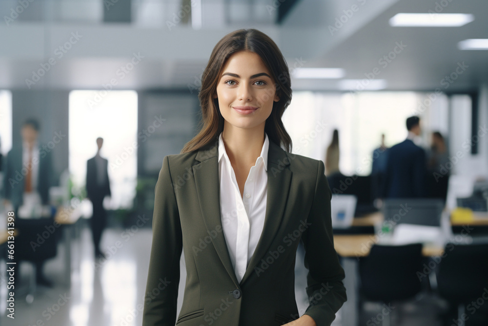 confident young businesswoman, adorned in an elegant suit, graces a contemporary office space with her radiant smile. Generative AI. confident young businesswoman, adorned in an elegant suit, graces a contemporary office space with her radiant smile. Generative AI.