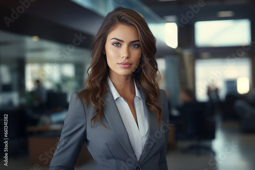 confident young businesswoman, adorned in an elegant suit, graces a contemporary office space with her radiant smile. Generative AI.