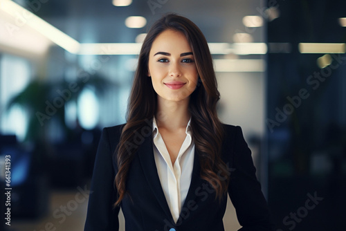 confident young businesswoman, adorned in an elegant suit, graces a contemporary office space with her radiant smile. Generative AI. © Surachetsh
