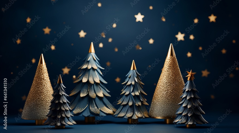 Merry Christmas advent holiday cekebration greeting card - Gold christmas trees decoration on table with blue background and golden bokeh lights - obrazy, fototapety, plakaty 