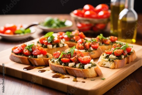 an array of olive bruschettas near a blurred backdrop of fresh tomatoes