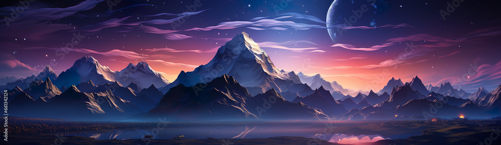 Dark Silhouettes Of Mountains Covered With Snow Against The Backdrop Of A Sunny Sunset. Illustration On The Theme Of Nature And Fantasy, Space Adventures And Landscapes. Generative AI Dark Silhouettes Of Mountains Covered With Snow Against The Backdrop Of A Sunny Sunset. Illustration On The Theme Of Nature And Fantasy, Space Adventures And Landscapes. Generative AI