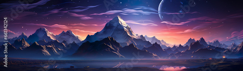 Dark Silhouettes Of Mountains Covered With Snow Against The Backdrop Of A Sunny Sunset.  Illustration On The Theme Of Nature And Fantasy  Space Adventures And Landscapes. Generative AI