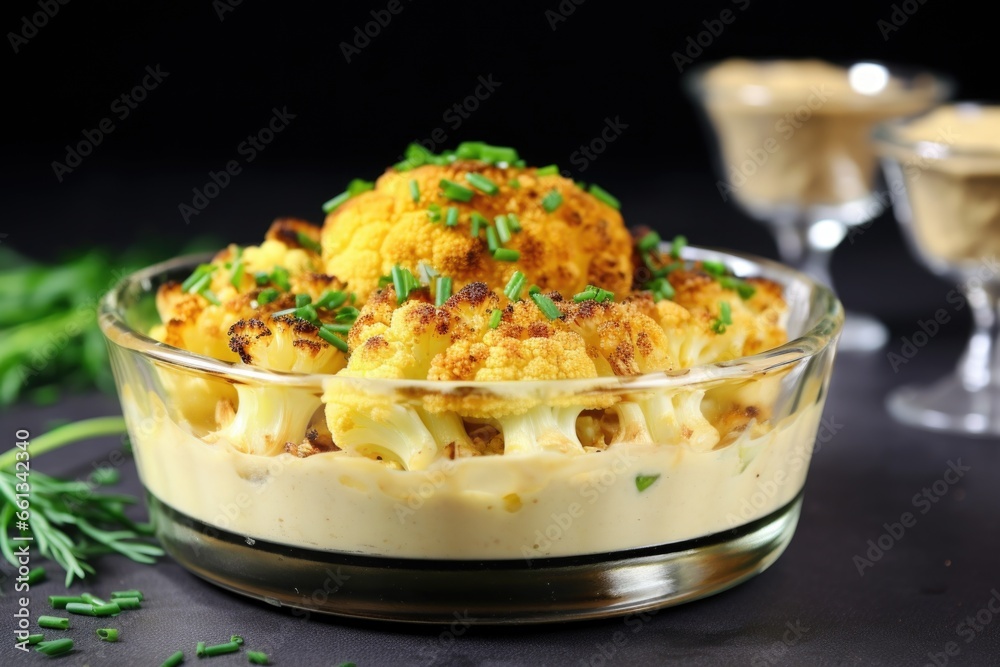 baked cauliflower with a creamy garlic sauce in a glass dish baked cauliflower with a creamy garlic sauce in a glass dish