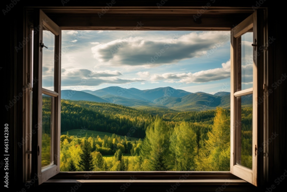 a picturesque view from a cabin window, mountains in the distance a picturesque view from a cabin window, mountains in the distance