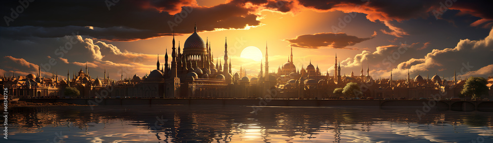 Obraz premium City At Sunset And Religious Temples. Illustration On The Theme Of Religion And Architecture, Travel And Tourism.