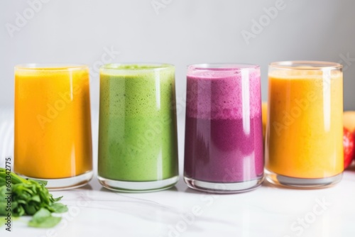 freshly blended rainbow smoothies in glass tumblers