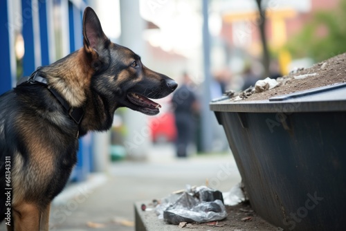 police dog sniffing around a trash bin