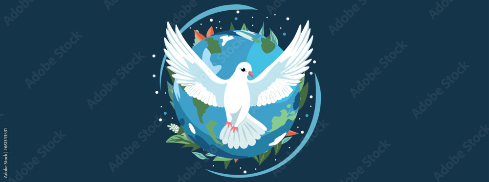 Obraz premium Vector flat illustration. Banner poster mseto for text. International Day of Peace. A dove with outstretched wings against the backdrop of the planet. Peace sign, dove